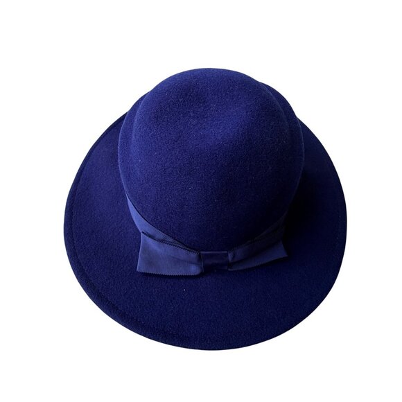 Vintage 70s Navy Wool Women\'s Wide Brim Hat Ribbon Bow Trim Arlin Kentucky Derby
